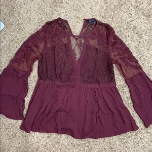 Burgundy Lace V Neck Blouse With Flared Sleeves